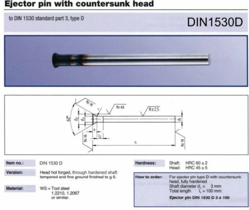 DIN 1530 – D standard ejector pin conical head